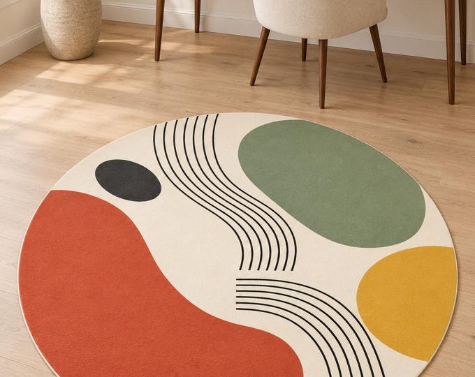 Mid Century Round Rug, Abstract Geometric Floor Decor, Modern Living Room Accent
