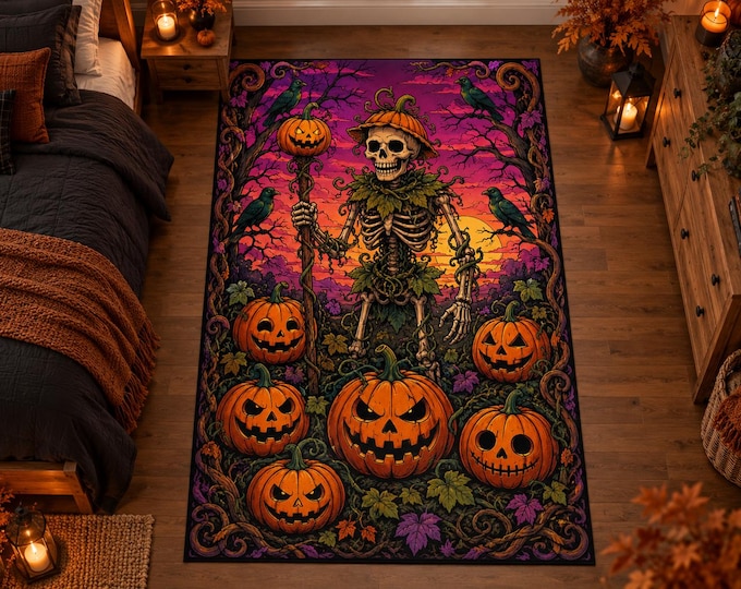 Halloween Skeleton Rug, Orange Jack O Lanterns, Purple Sunset, Gothic Spooky Room Floor Decor