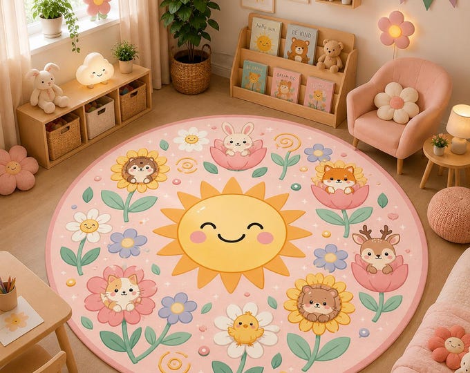 Round Sun Floral Kids Rug, Woodland Animals Playroom Decor, Pastel Nursery Carpet