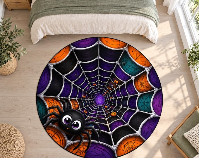 Cute Spider Rug, Round Digitally Printed Carpet, Purple Web Tunnel with Orange Details