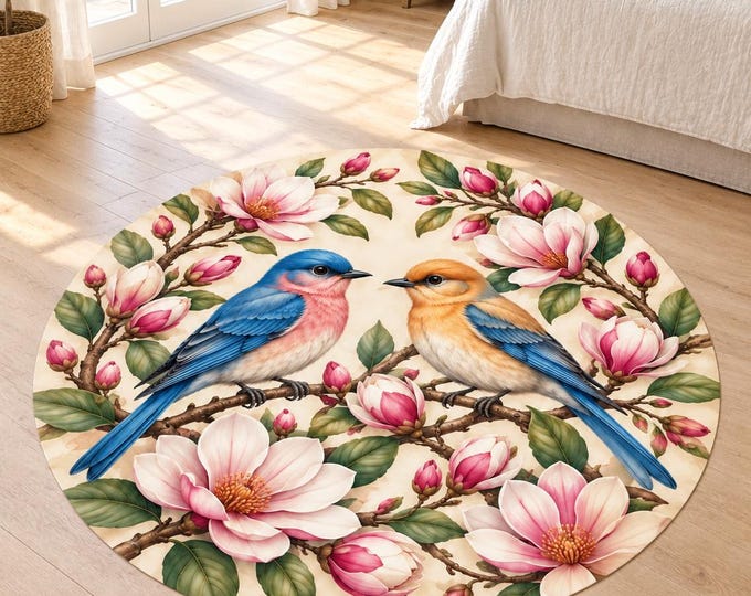 Magnolia Bird Rug, Washable Round Area Carpet, Colorful Printed Floor Decor for Home and Bedroom