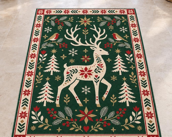 Folk Deer Christmas Rug with Robins and Flowers, Digitally Printed Festive Living Room Decor