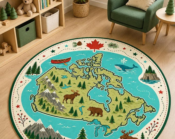 Canada Map Rug,Round Kids Carpet,Woodland Nursery,Animal Playroom,Geography Bedroom Decor