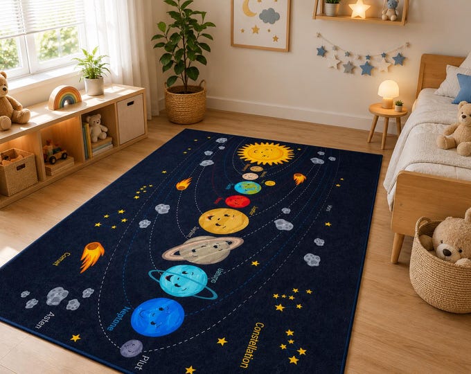 Solar System Rug, Washable Kids Space Carpet, Educational Planet Decor for Bedroom Playroom Nursery