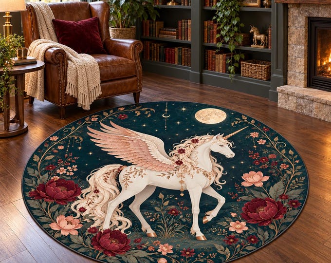 Winged Horse Moonlit Flowers Round Rug, Digital Print, Living Room Decor, Decorative Floor Accent