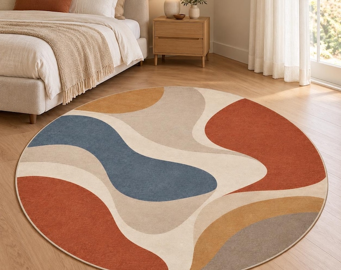 Round Abstract Area Rug, Rust and Blue Gray Design, Modern Living Room Decor, Minimalist Circle Rug, Organic Shape Print, Stylish Room Decor