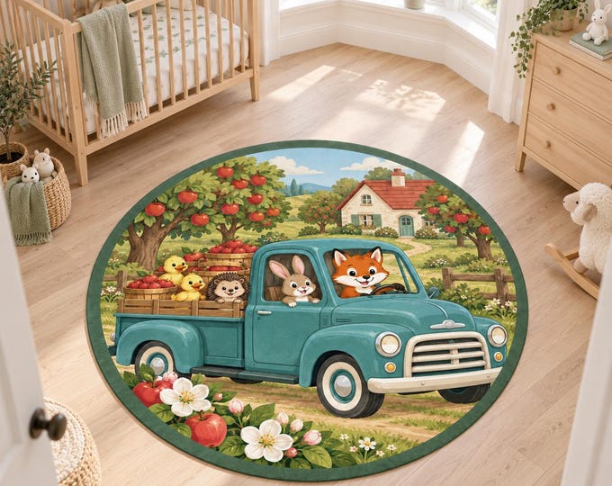 Apple Truck Rug, Round Farm Nursery Carpet, Washable Kids Room Decor