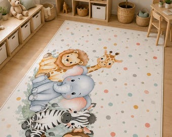 Safari Animal Rug: 3D Printed Lion, Elephant, Giraffe Nursery Playmat