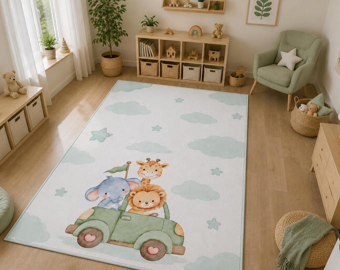 Nursery Rug: Watercolor Safari Animals, Clouds, Stars Playroom Carpet