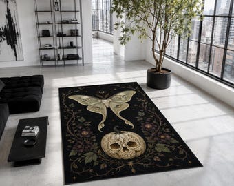 Skull Moth Rug, Gothic Pumpkin Butterfly Carpet for Bedroom Halloween Botanical Moon Home Decor