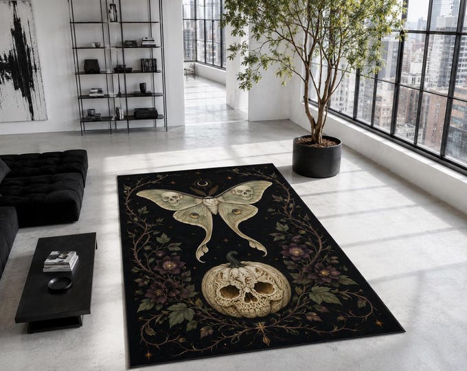 Skull Moth Rug, Gothic Pumpkin Butterfly Carpet for Bedroom Halloween Botanical Moon Home Decor
