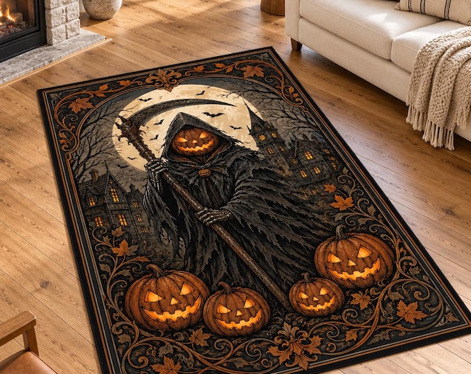 Pumpkin Reaper Rug, Gothic Halloween Decor, Scary Harvest Carpet, Haunted Living Room Floor Art