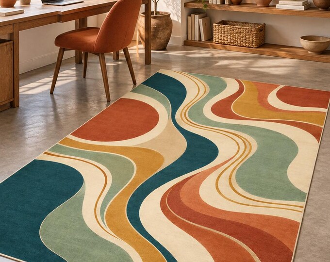 Retro Wave Area Rug, Teal and Terracotta Design, Mid Century Living Room Decor, Boho Style Carpet, Modern Home Decor, Decorative Room Carpet