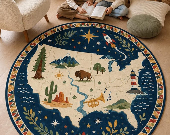 USA Map Round Rug, Educational Kids Carpet, Travel Nursery Decor, Geo Playroom Mat