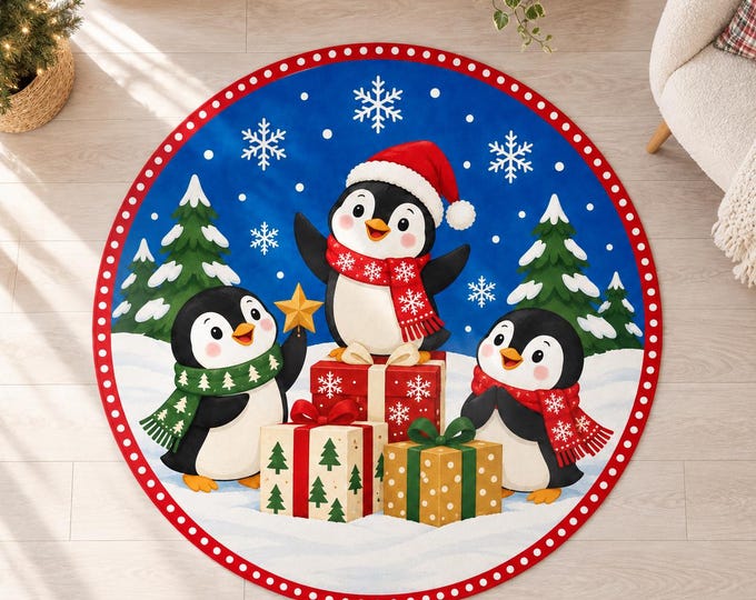 Penguin Rug, Round Cobalt Blue Digital Print with Winter Friends for Festive Living Rooms