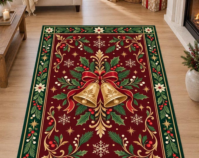 Burgundy Christmas Rug, Golden Bells and Holly Pattern, Digitally Printed Festive Living Room Decor
