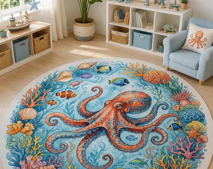 Octopus Coral Reef Round Rug – Ocean Nursery, Under Sea Microfiber Polyester