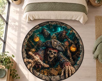 Pirate Skull Rug, Round Digitally Printed Carpet, Teal Cave with Treasure and Reaching Skeletons
