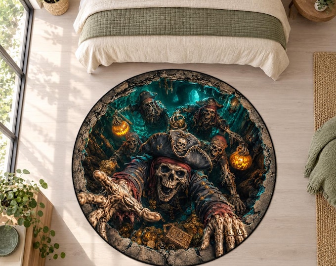 Pirate Skull Rug, Round Digitally Printed Carpet, Teal Cave with Treasure and Reaching Skeletons