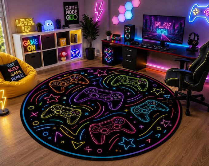 Neon Gaming Round Rug, RGB Controller Carpet, Digital Print Area Decor