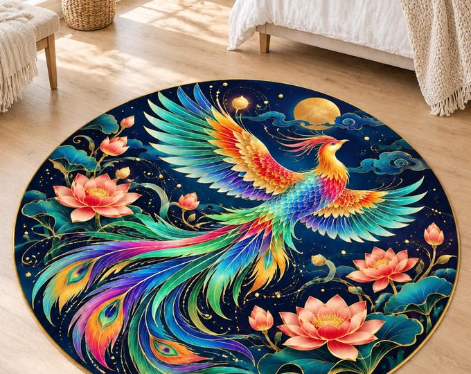 Rainbow Phoenix Lotus Round Rug, Washable Microfiber Floor Decor (Digital Print)