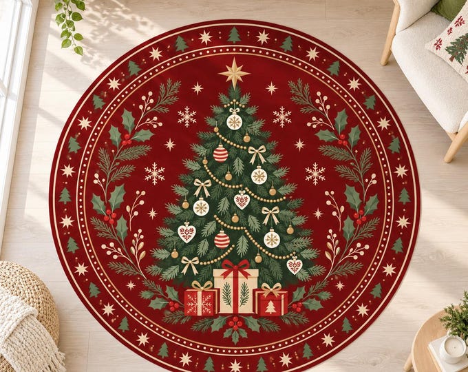 Christmas Tree Rug, Round Burgundy Digital Print with Botanical Border for Festive Living Rooms