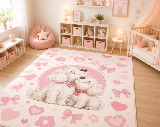 Puppy Love Rug, Pink Hearts Nursery Carpet, Kids Playroom Decor