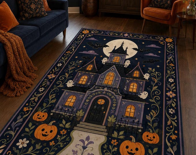 Haunted Mansion Rug, Gothic Halloween, Moonlit Castle Decor, Dark Living Room, Entryway Floor Art