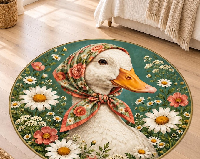 Floral Duck Rug, Washable Round Area Carpet, Colorful Printed Floor Decor for Home and Bedroom
