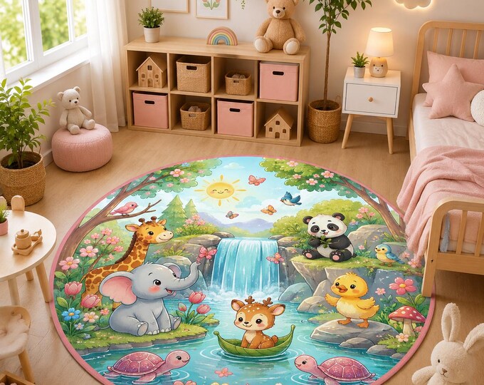 Safari, Nursery, Rug, Jungle, Animals, Round, Kids, Playroom, Baby, Room, Waterfall, Woodland, Decor, Carpet