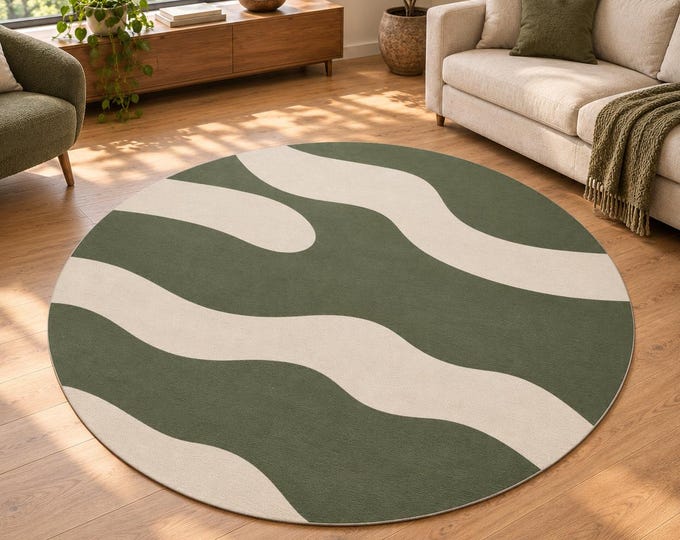 Olive Green Rug, Round Wave Design, Digitally Printed Modern Area Carpet for Living Room
