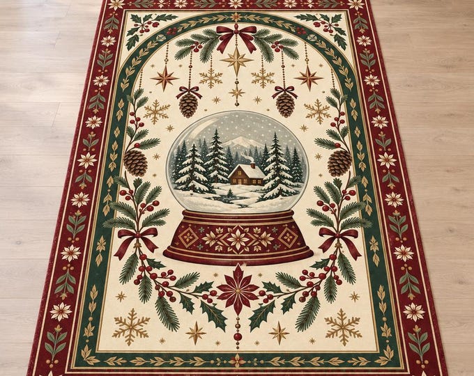 Christmas Area Rug, Vintage Snow Globe, Winter Cabin Carpet, Holiday Decor, Living Room Accent