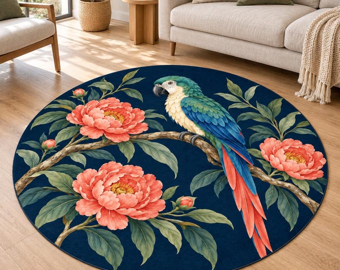 Blue Parrot Pink Flowers Round Rug, Digital Print, Living Room Decor, Decorative Floor Accent