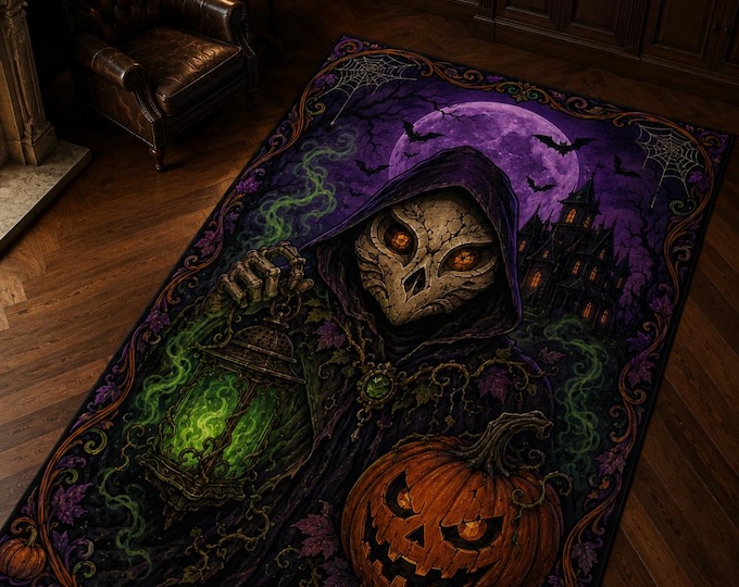 Plague Doctor Rug, Purple Halloween, Gothic Castle Decor, Dark Fantasy Art, Pumpkin Floor Accent