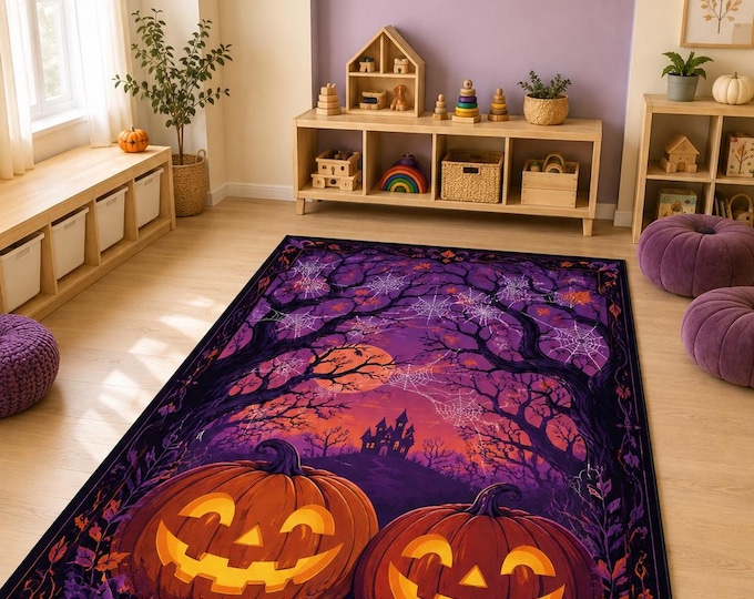 Purple Pumpkin Rug, Haunted Forest Spiderweb Carpet for Kids Bedroom Playroom Halloween Decor Gift