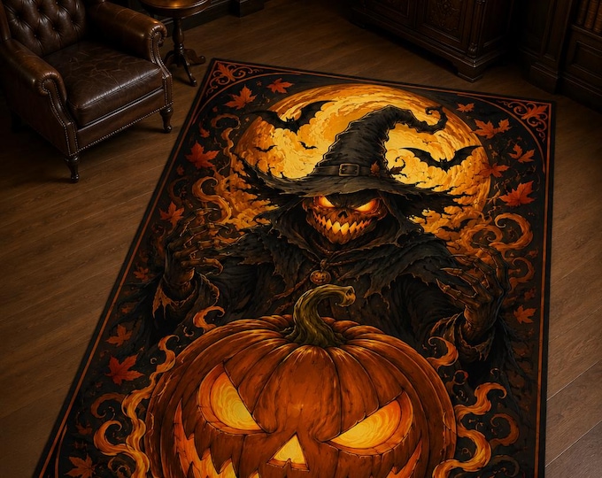 Pumpkin Witch Rug, Flaming Halloween, Dark Gothic Decor, Living Room Art, Autumn Floor Accent
