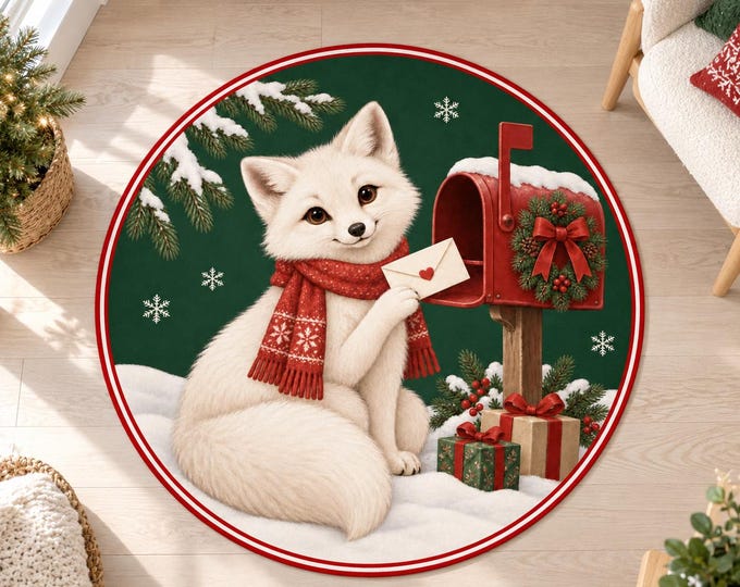 Arctic Fox Rug, Round Green Digital Print with Letter Delivery for Festive Living Rooms