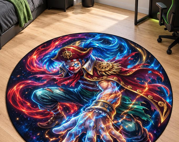 Cosmic Pirate Rug, Electric Star Clown Fighter, Washable Gaming Room Carpet, Colorful Teen Bedroom Floor Decor