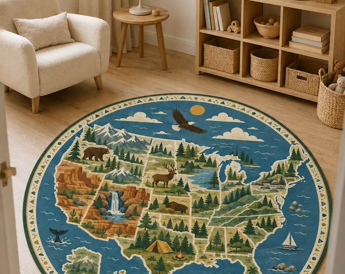 Round USA Map Rug: National Parks, Wildlife, Adventure Theme (3D Digital Print)
