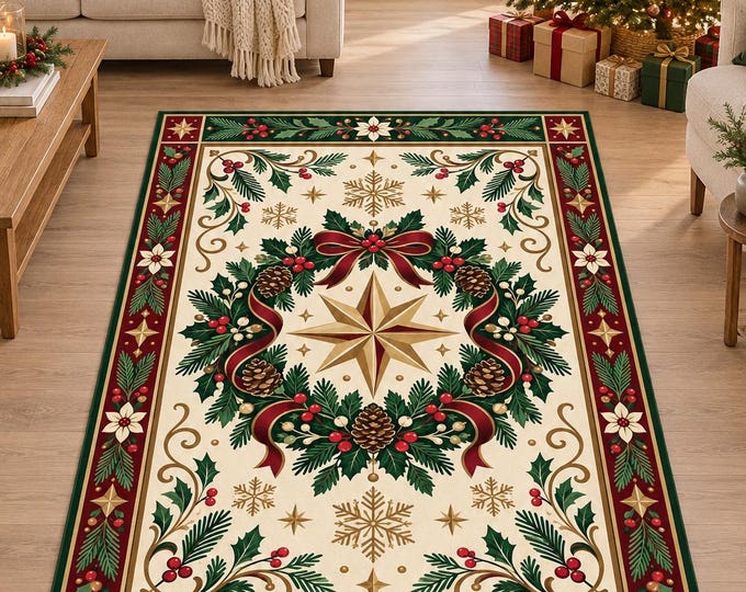 Ivory Christmas Rug, Star and Pinecone Wreath Pattern, Digitally Printed Festive Living Room Decor