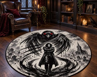 Red Eyed Raven Figure Round Rug, Digital Print, Living Room Decor, Decorative Floor Accent