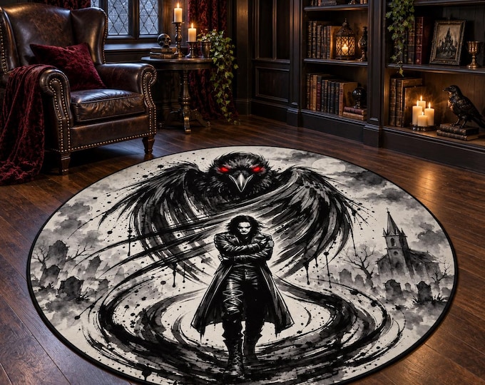 Red Eyed Raven Figure Round Rug, Digital Print, Living Room Decor, Decorative Floor Accent