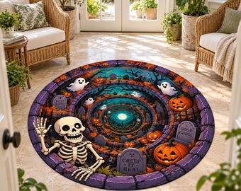 Halloween Round Rug, Ghost Skeleton Art, Pumpkin Graveyard, Optical Illusion, Digitally Printed Floor Decor