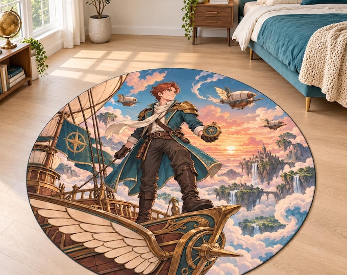 Fantasy Round Rug, Anime Airship, Sky Pirate Decor, Steampunk Bedroom, Floating Castle, Adventure Carpet