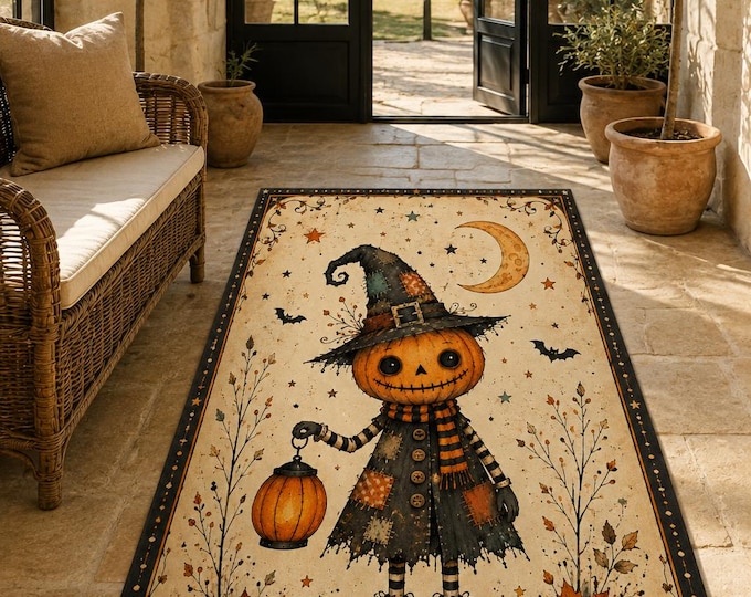 Scarecrow Witch Rug, Pumpkin Halloween, Vintage Autumn, Whimsical Bedroom, Nursery Floor Art, Cute Carpet