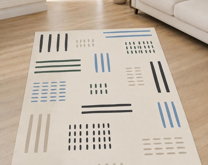 Modern Linear Rug, Cream Blue Green Pattern, Minimalist Living Room Floor Decor