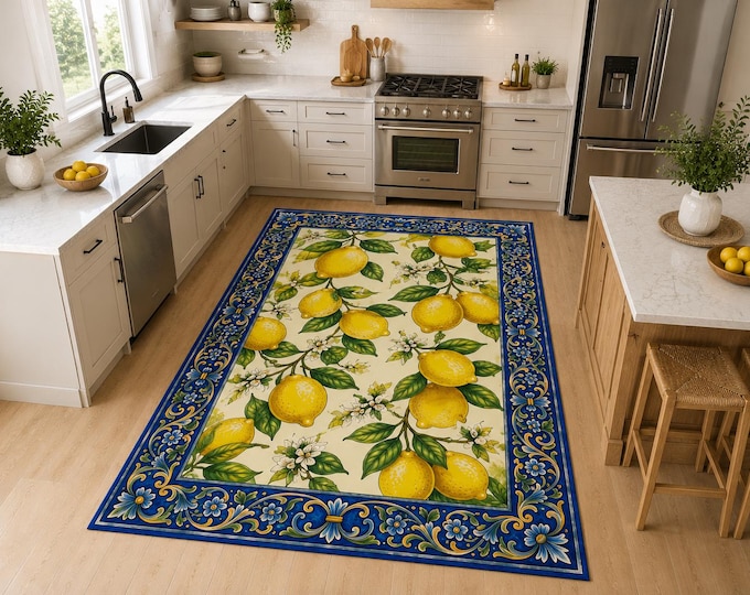 Lemon Branch Kitchen Rug: Microfiber Polyester Non-Slip Area Mat