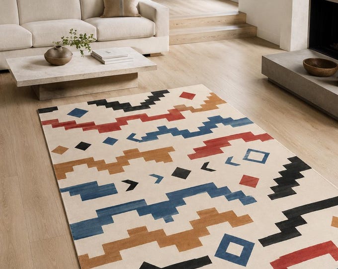 Modern Kilim Pattern Area Rug, Terracotta Blue Beige Geometry, Boho Living Room Decor