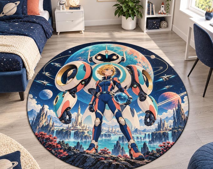 Cosmic Pilot Rug, Washable Round Rug, Space Decor for Teen Bedroom and Game Room