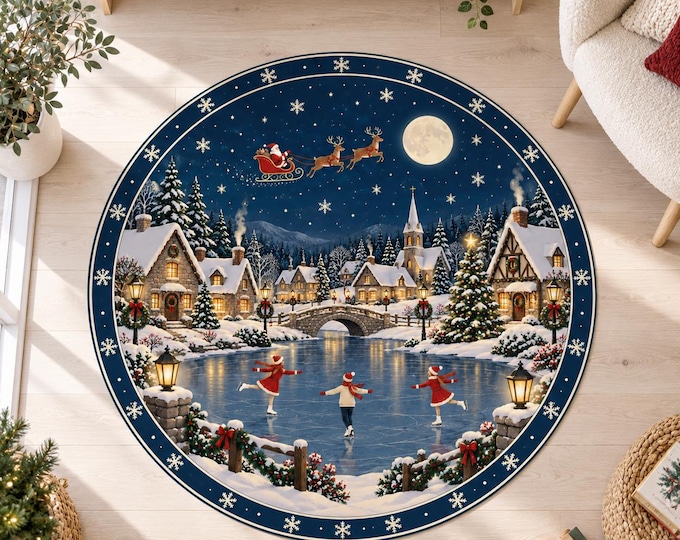 Ice Skating Rug, Round Navy Digital Print with Snowy Village for Festive Living Rooms